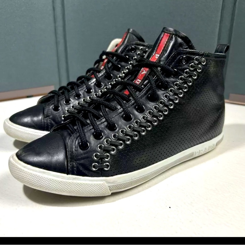 PRADA Womens 36.5 Black Perforated Leather High Top Sneakers Shoes Made in Italy - Picture 2 of 13